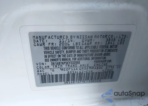 2014 Nissan Sentra Sl z USA, uszkodzony, nr VIN 3N1AB7AP9EY332568